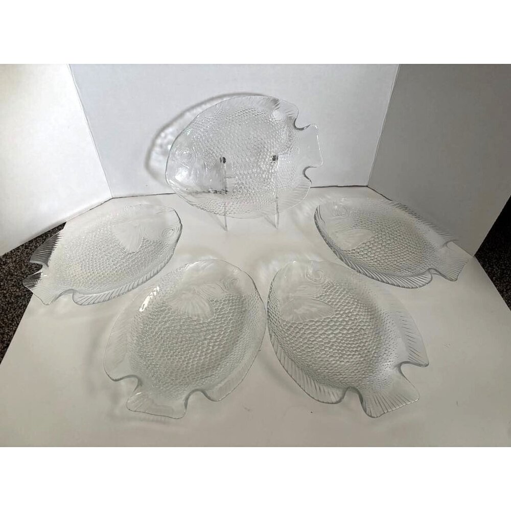Set of 5 Arcoroc France Clear Glass 10-1/4" x 7-3/4" Fish Shaped Dinner Plates